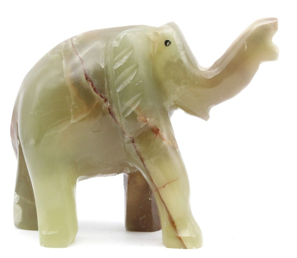 Trunk Up Elephant Figurine Hand Carved Green Onyx Natural Stone Vintage 3.5"